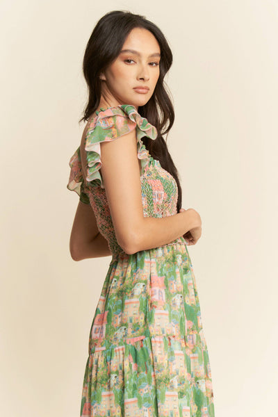 VILLAGE SMOCKING BODICE RUFFLE SLEEVE MAXI DRESS: Pink green / S - Lulu Bella Boutique