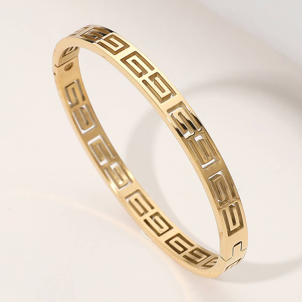 Stainless Steel Geometric Cutout Hinged Bangle Bracelet: Yellow Gold - Lulu Bella Boutique