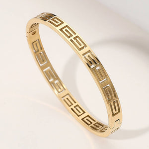Stainless Steel Geometric Cutout Hinged Bangle Bracelet: Yellow Gold - Lulu Bella Boutique