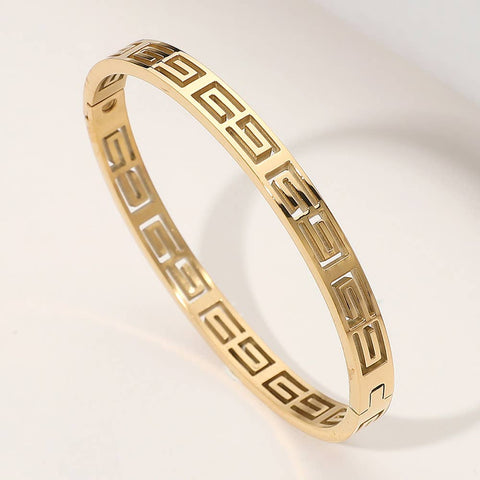 Stainless Steel Geometric Cutout Hinged Bangle Bracelet: Yellow Gold - Lulu Bella Boutique