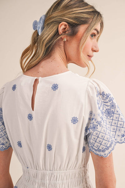 FLORAL EMBROIDERY TIERED MIDI DRESS MDR4566: WHITE BLUE FLORAL / S - Lulu Bella Boutique