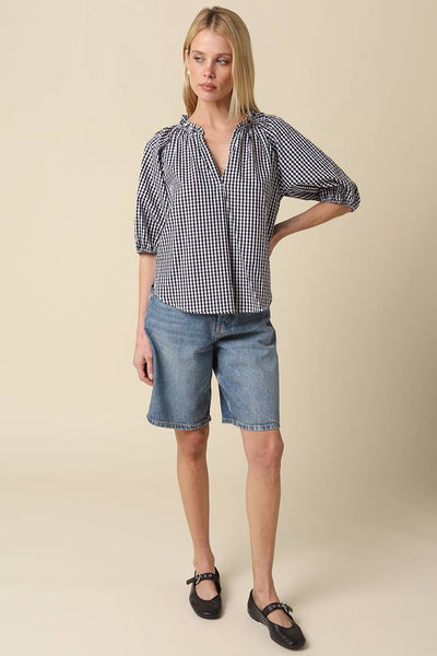 Haylee Gingham Puff-Sleeve Shirt: Black / Contemporary / S - Lulu Bella Boutique