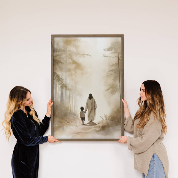 Jesus Walking with Dark Haired Boy - Jesus Canvas Art : 18x24" Large Canvas Art with Thick Wood Frame - Lulu Bella Boutique