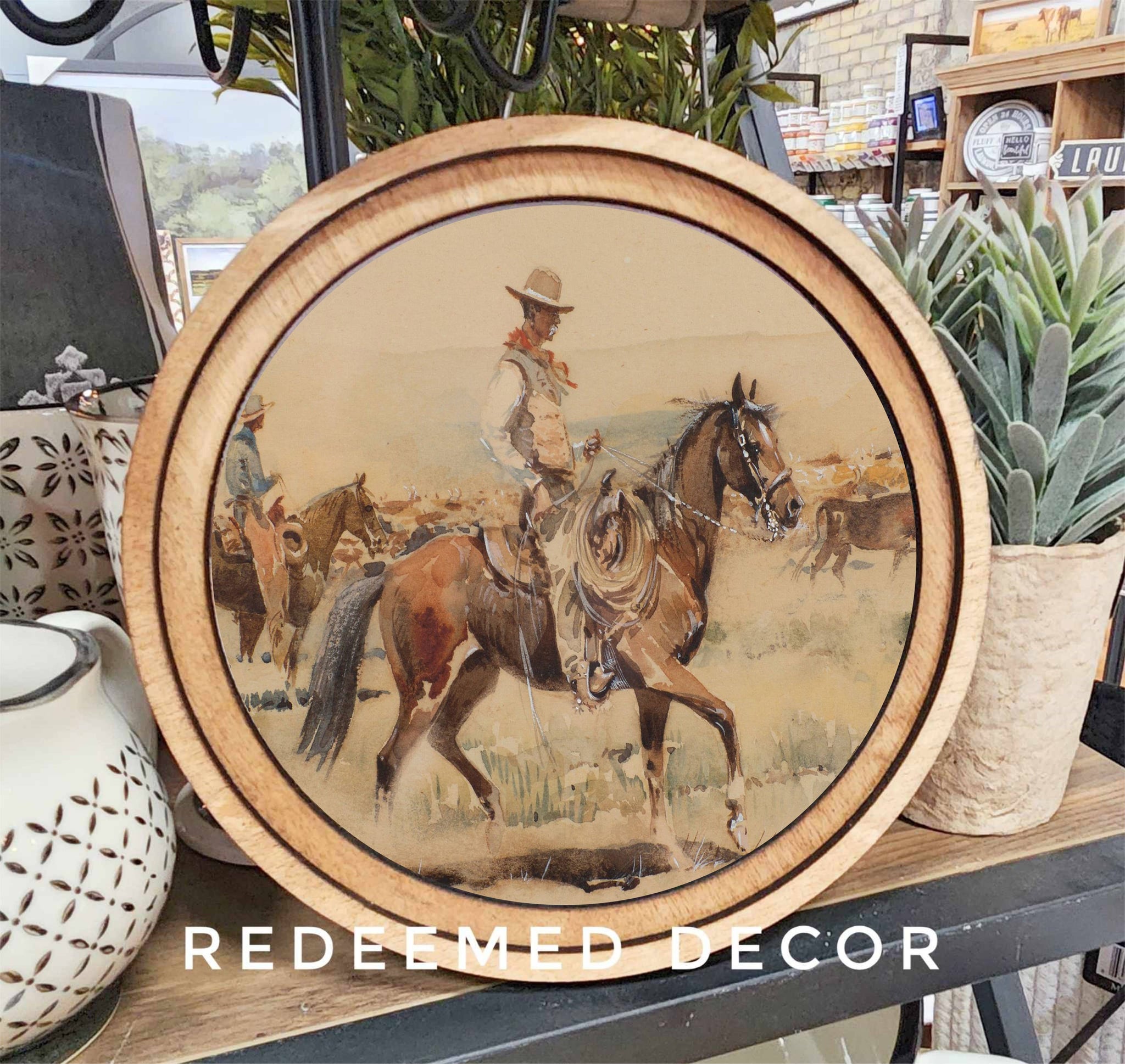 8" Round Vintage Cowboy Art - Lulu Bella Boutique