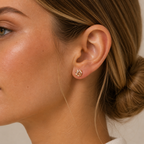 Round CZ- Champagne - Gold Earrings