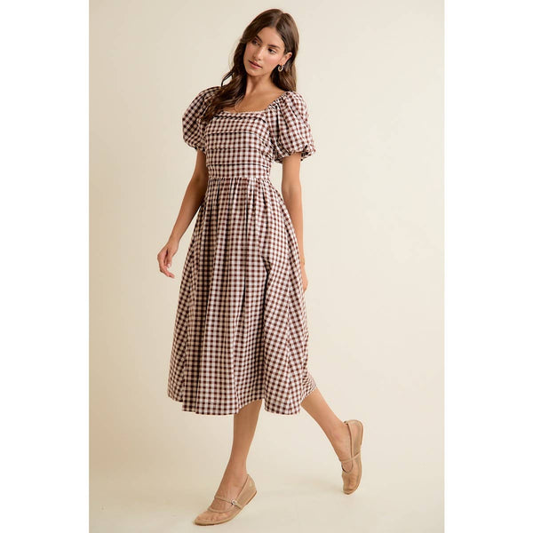 GINGHAM LACE TRIM PUFF SLEEVES LINED MIDI DRESS: BROWN / S - Lulu Bella Boutique