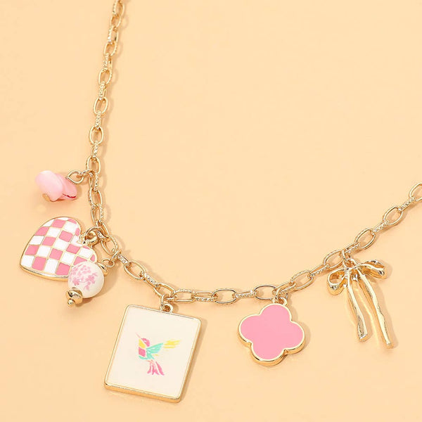 Mahjong Tile Quatrefoil Bow Checkered Heart Charm Station Necklace