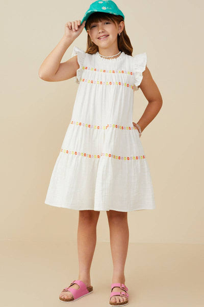 Girls Contrast Floral Lace Trim Ruffle Tank Dress: Off White / S - Lulu Bella Boutique