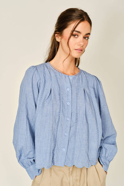 SCALLOP LACE DETAIL A LINE BLOUSE: DENIM BLUE