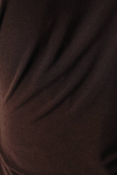 Asymmetric Cowl Neck Sheer Mesh Sleeve Bodycon Midi Dress: DK BROWN