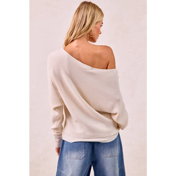 WAFFLE KNIT OFF SHOULDER TOP: IVORY / S - Lulu Bella Boutique
