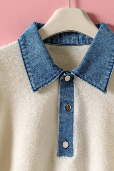 Contrast Denim Collar Knit Sweater Top: IVORY BLUE / S-M-L:2-2-2 - Lulu Bella Boutique