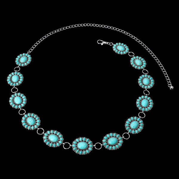 Boho Vintage Western Turquoise Stone Concho Chain Belt: Turquoise - Lulu Bella Boutique