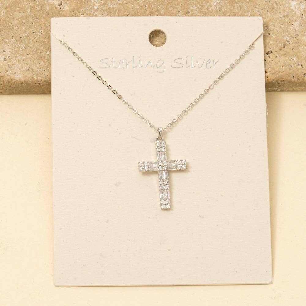 Sterling Silver Cz Pave Cross Pendant Necklace: RZ