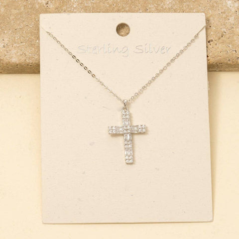 Sterling Silver Cz Pave Cross Pendant Necklace: RZ