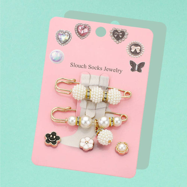 12 SET OF 5 - Pearl Safety Pin Flower Smile Face Socks Charm