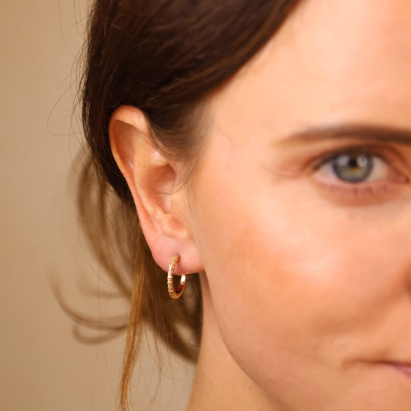 18k Gold Filled Thin Line Cubic Zirconia C Hoop Earrings: 18mm - Lulu Bella Boutique