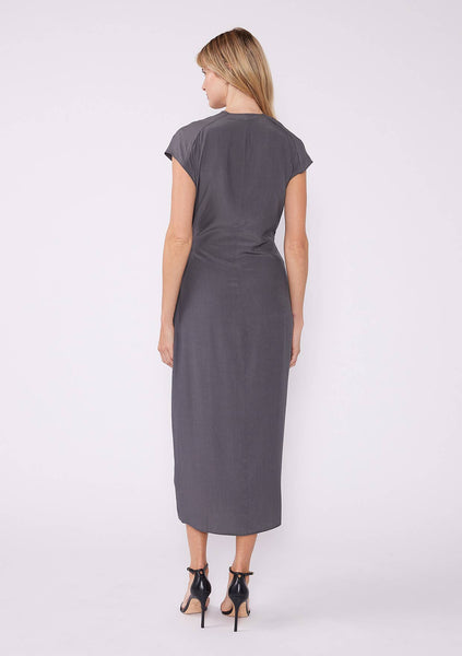 Solid Dolman Cap Sleeve Midi Wrap Dress: Pewter / S