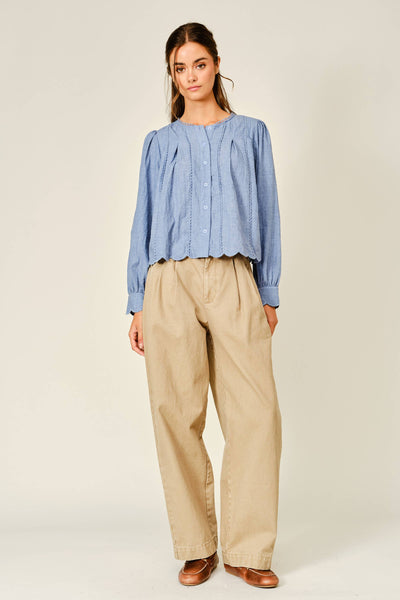 SCALLOP LACE DETAIL A LINE BLOUSE: DENIM BLUE
