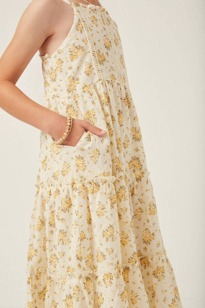 Girls Textured Lace Detail Strappy Back Dress: Yellow / S - Lulu Bella Boutique