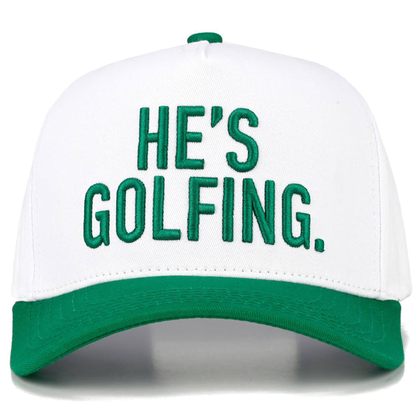 C.C HE'S GOLFING Letter Embroidered on Two Tone Trucker Hat: Green - Lulu Bella Boutique