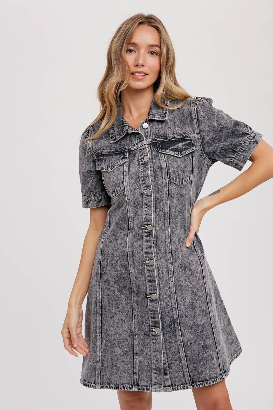 BUTTON UP DENIM DRESS: WASHED BLACK