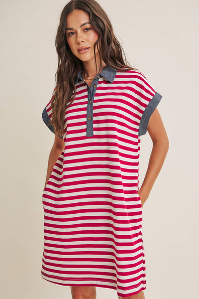 YACHT CLUB RELAXED FIT CASUAL STRIPE POLO MINI DRESS: BURGUNDY/CREAM