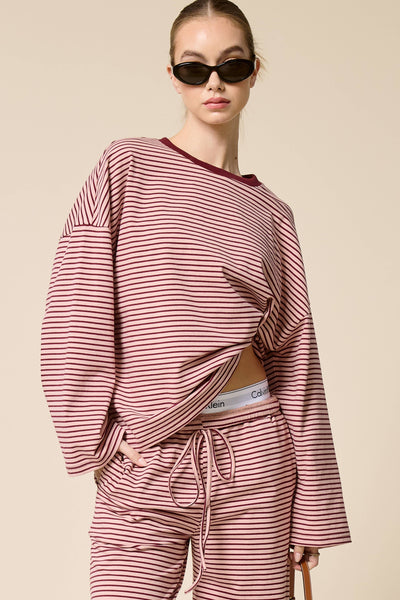 Striped Oversized Long Sleeve Top: Berry / S - Lulu Bella Boutique