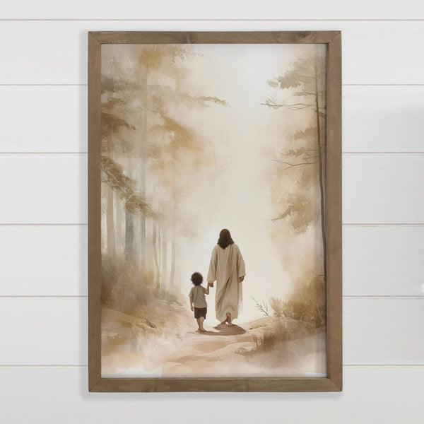 Jesus Walking with Dark Haired Boy - Jesus Canvas Art : 18x24" Large Canvas Art with Thick Wood Frame - Lulu Bella Boutique