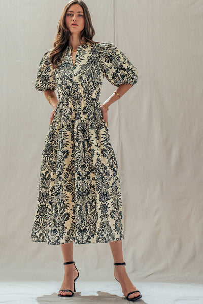 Botanical Puff Sleeve Cotton Midi Dress: IVORY BLACK / S-M-L:2-2-2 - Lulu Bella Boutique