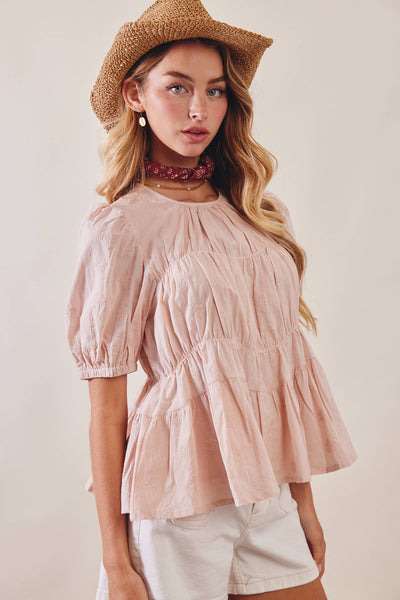 Embroidered Rose Peplum Blouse: Rose Latte - Lulu Bella Boutique
