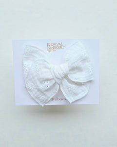 Fable Bow on Clip • Embroidered White Gauze • Fabric Bow - Lulu Bella Boutique