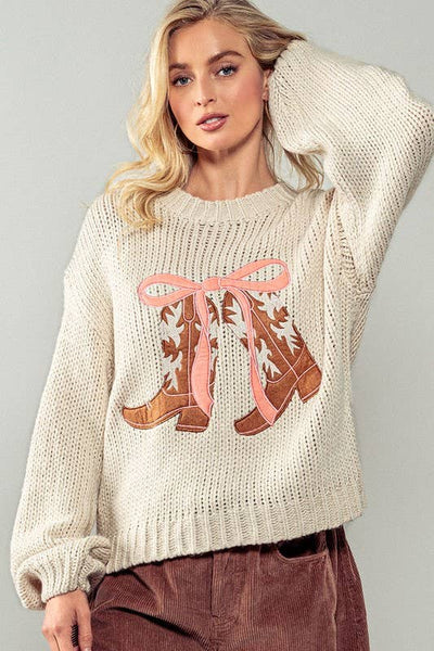 Cowboy Boots and Coquette Bow Sweater : TAUPE