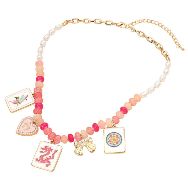 Mahjong Tile Heart Bow Charm Pearl Beaded Necklace