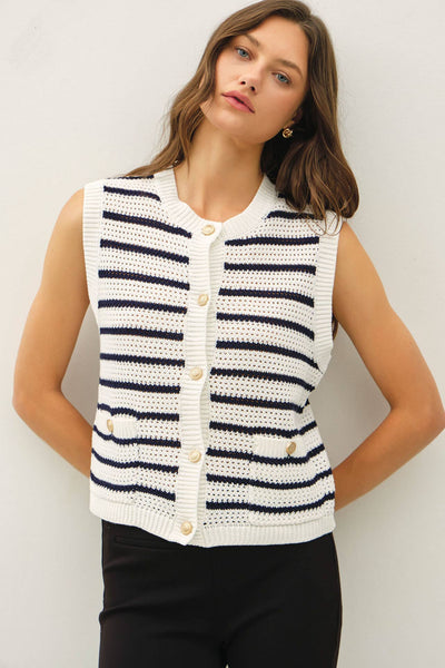 WAFFLE SWEATER VEST WITH POCKES: NAVY / S - Lulu Bella Boutique