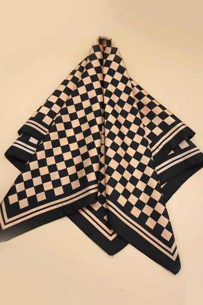 LARGE CHECKER PRINT SILKY FEEL BANDANA SCARF: Brown