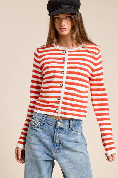 Pearl Embellishment Striped Cardigan Sweater: Fire