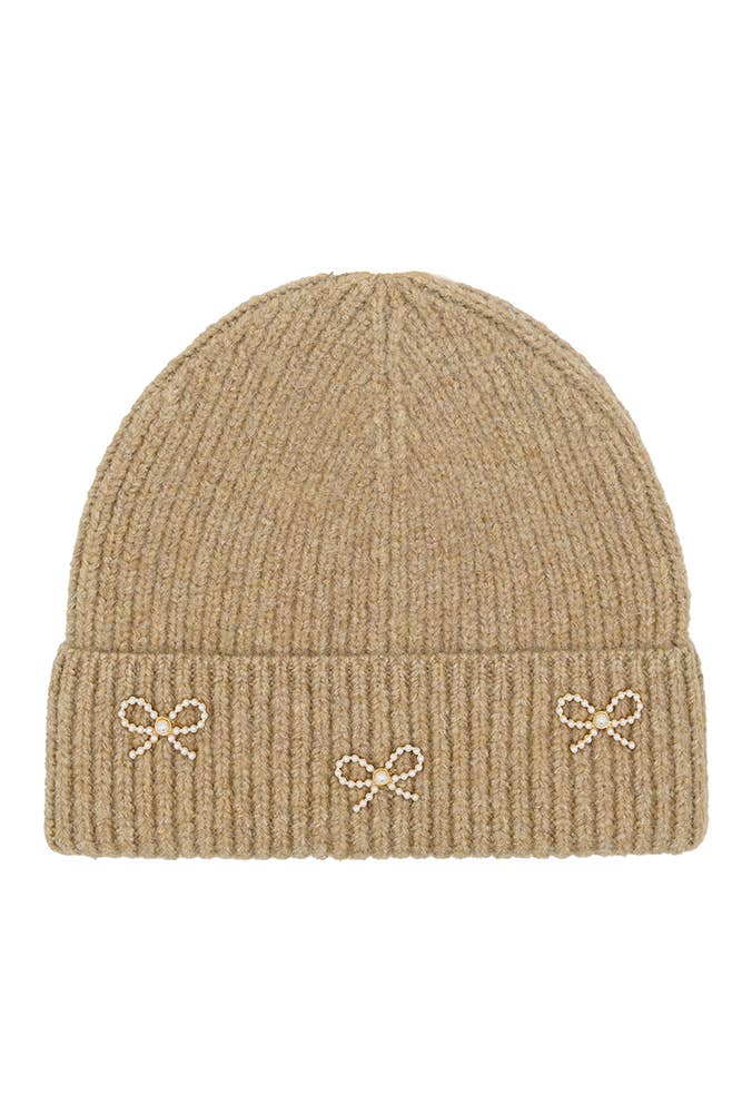 C.C Pearl Bow Charm Cuff Beanie: Taupe