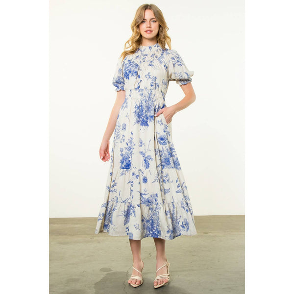 Floral Print Short Sleeve Maxi Dress: BLUE / XS-S-M-L(1-2-2-1) - Lulu Bella Boutique