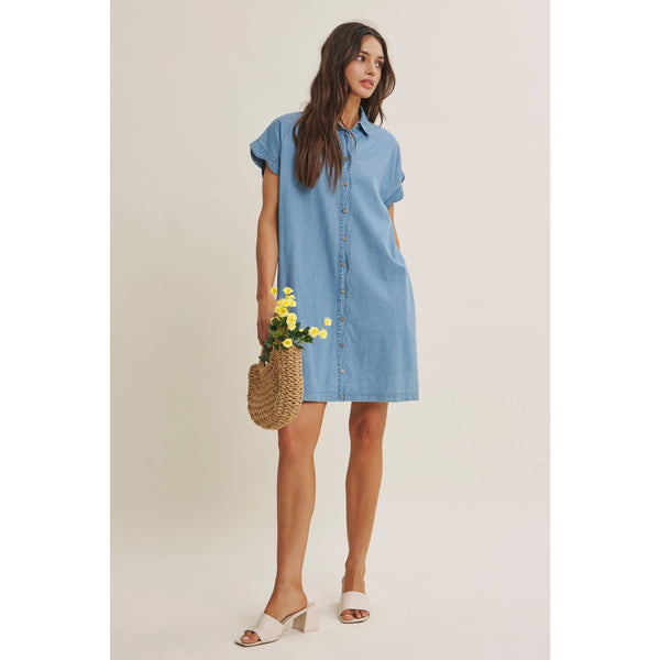 COFFEE RUN WASHED DENIM MINI SHIRT DRESS WITH SCALLOP DETAIL: LT. DENIM / S - Lulu Bella Boutique
