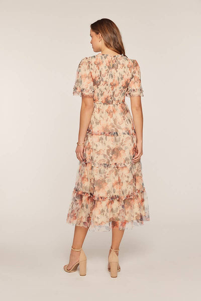 Floral Mesh Tiered Midi Dress: Ivory/Red/Charcoal
