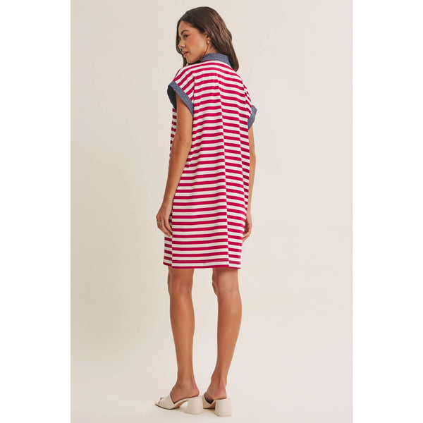 YACHT CLUB RELAXED FIT CASUAL STRIPE POLO MINI DRESS: BURGUNDY/CREAM
