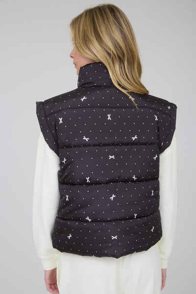 POLKA DOT BOW PATTERN ZIP-UP PUFFER VEST: BLACK - Lulu Bella Boutique