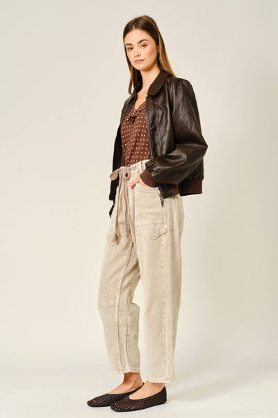 BARREL CORDUROY PANTS WITH EYELET WAIST: DOVE