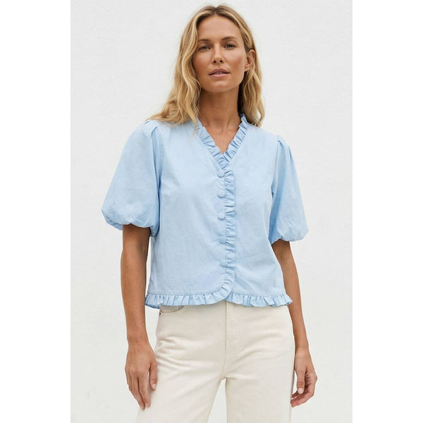 Ruffle Detail Bubble Sleeve Top: Blue / S - Lulu Bella Boutique