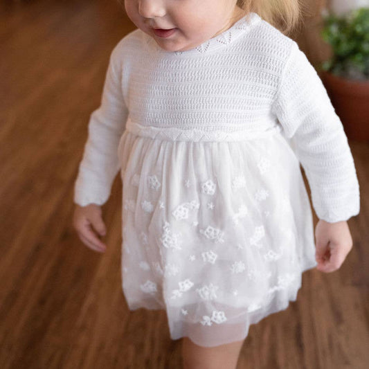 Milan White Floral Embroidered Tutu Knit Baby Dress Organic: Pure White
