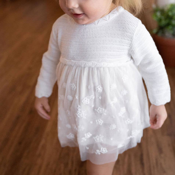 Milan White Floral Embroidered Tutu Knit Baby Dress Organic: Pure White