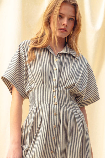 D4472   STRIPED BUTTONDOWN SHIRT DRESS: NAVY STRIPE / S - Lulu Bella Boutique