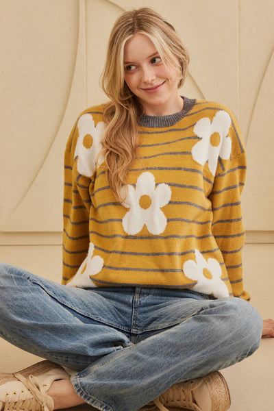 Daisy Patched Striped Sweater: Mustard / S