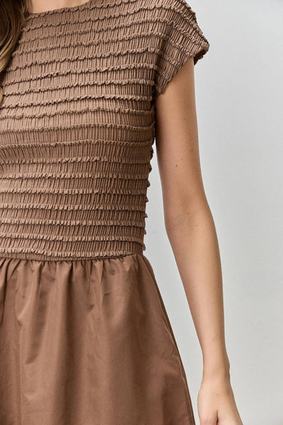SHIRRED TOP MAXI DRESS: BROWN
